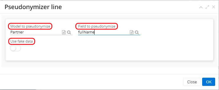1.3. Clicking on +New in Models to pseudonymize on the pseudonymization file will result in opening the Pseudonymizer Line window. There, select the model, define what field to pseudonymize (for example, full name) and, if there is a need, activate the “Use Fake Data” box. This box is used to create consistent fake data.